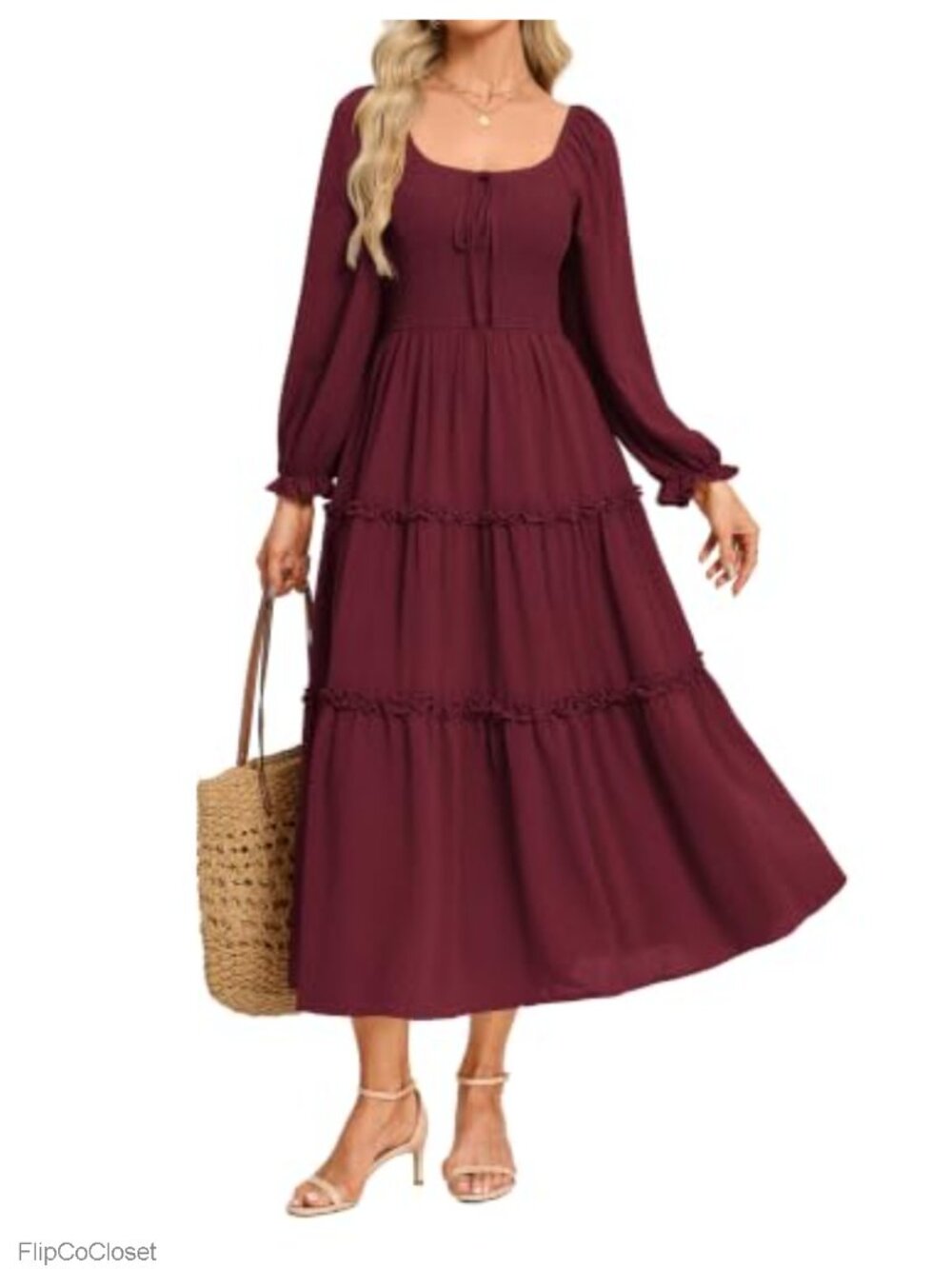 Boho Floral Maxi Dress Long Sleeve with Pockets Adjustable Bow